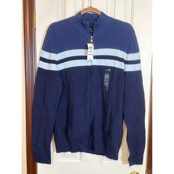 Alfani‎ Full Zip Cardigan Sweater Striped Knit Ribbed Blue Medium - Picture 1 of 3